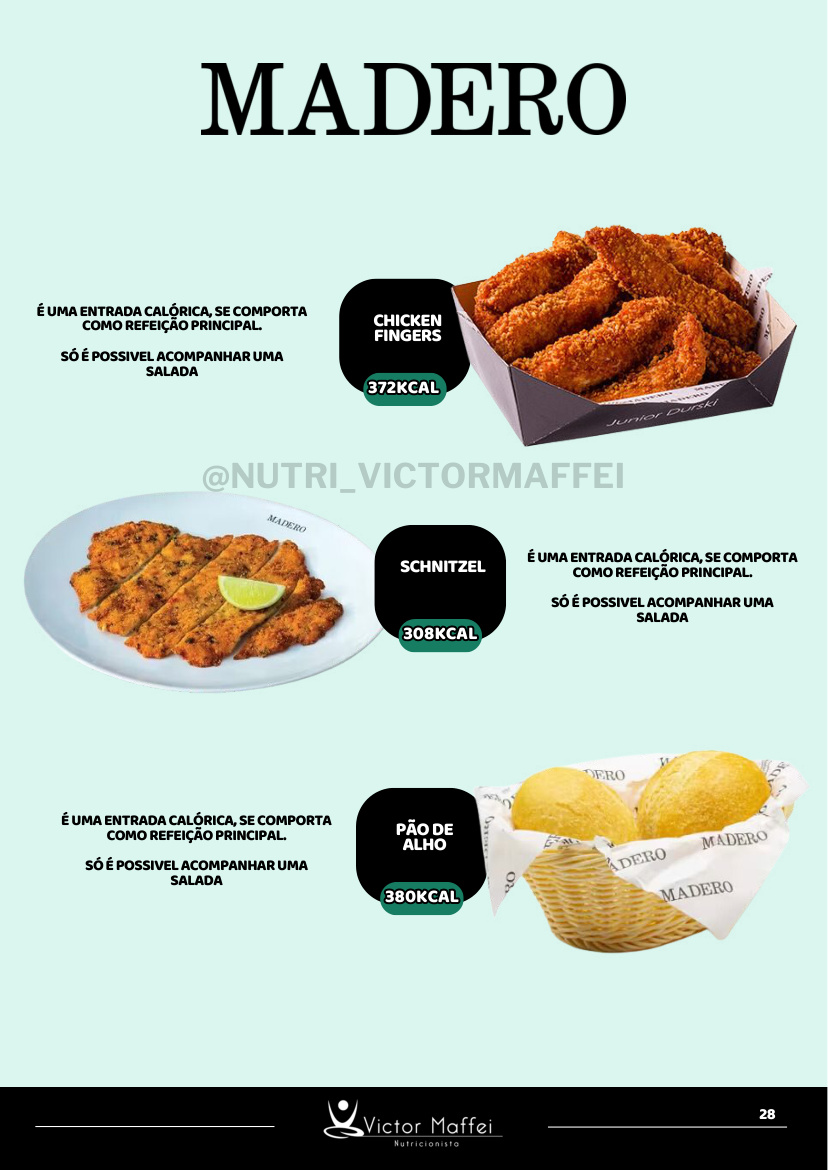 Página do guia com entradas do Madero e suas calorias