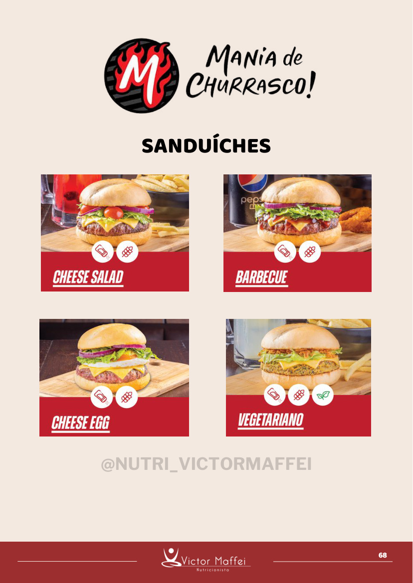 Página do guia com os sanduíches do Mania de Churrasco