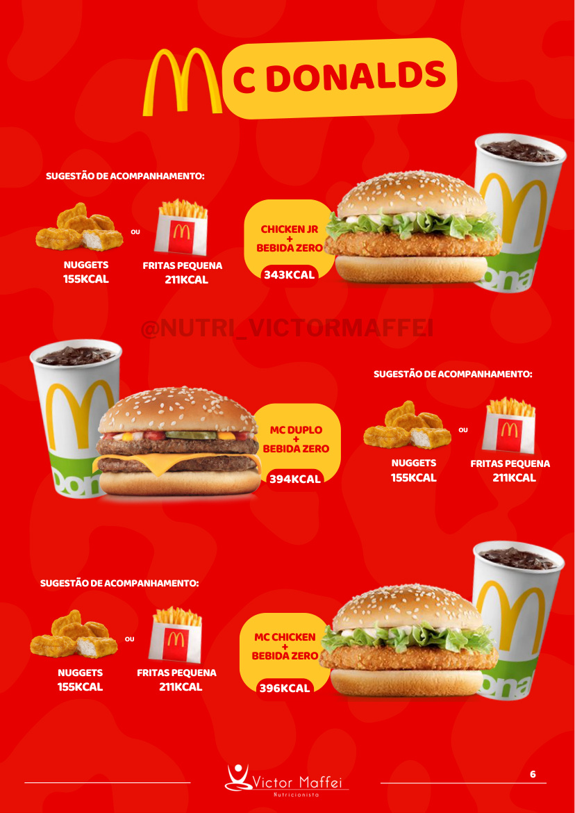 Página do guia com combos do McDonald's e as calorias de cada um
